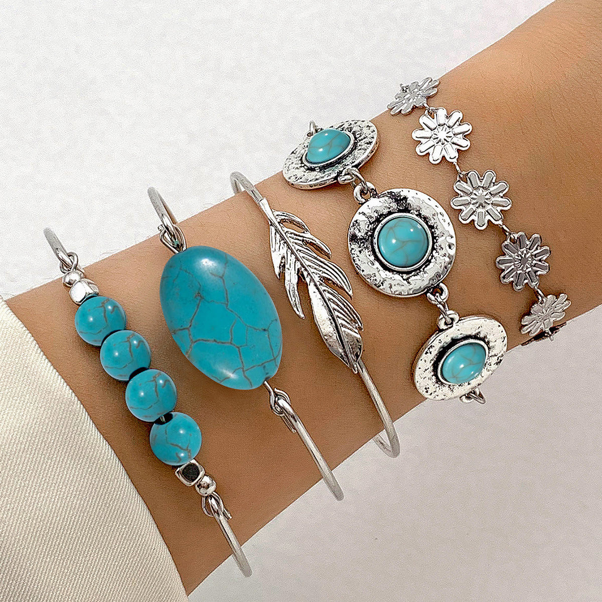 Wholesale Bohemian Set Turquoise Leaf Bracelet Ethnic Bow Flower Turquoise Bracelet suit